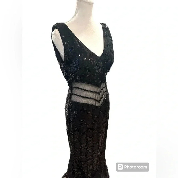 🆕 Dalia Macphee Black Sequined Illusion Waist Gown Extra Large - Picture 10 of 15
